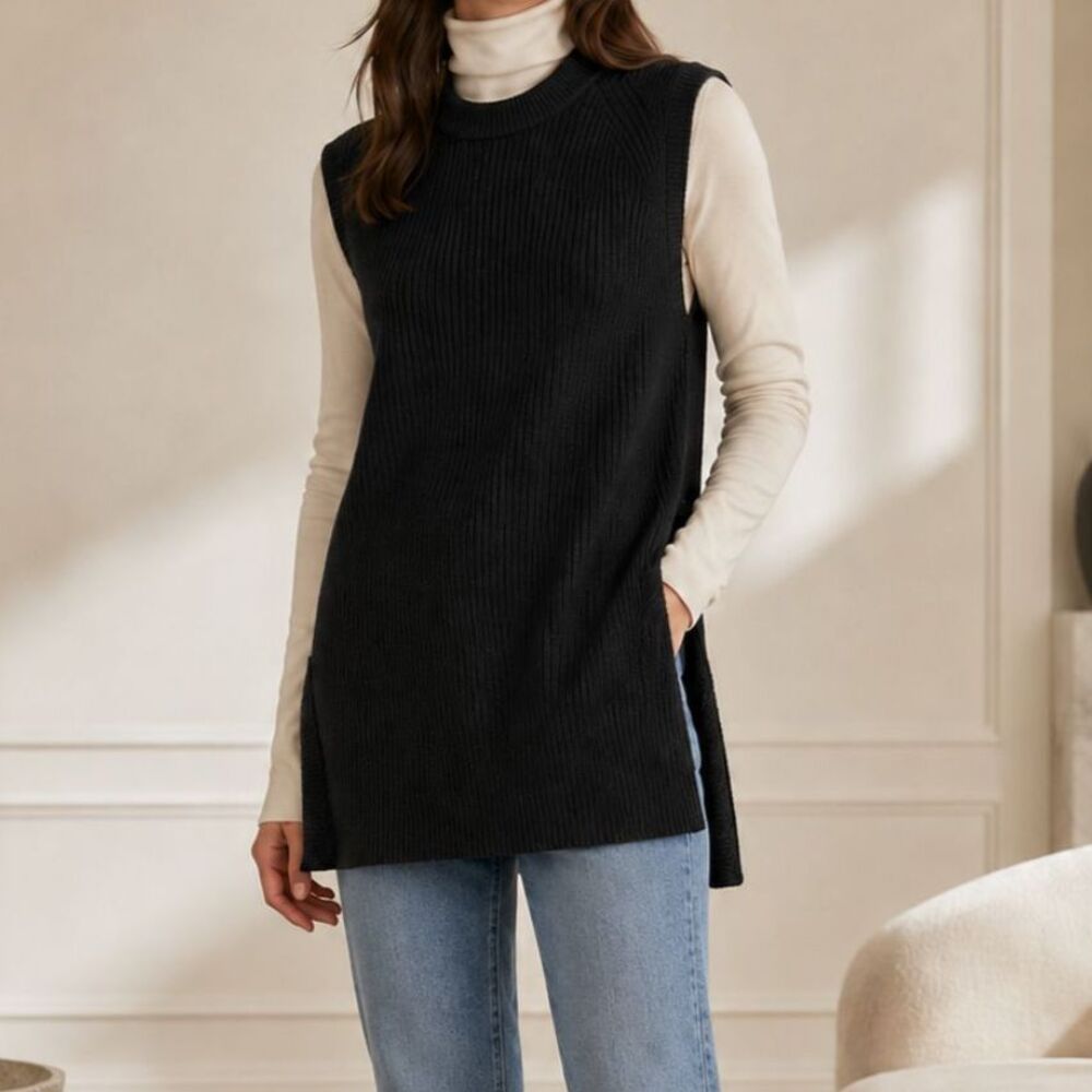 Aritzia Wilfred Palmier Wool Tunic Sweater Vest XS Black Quiet Luxury Layering